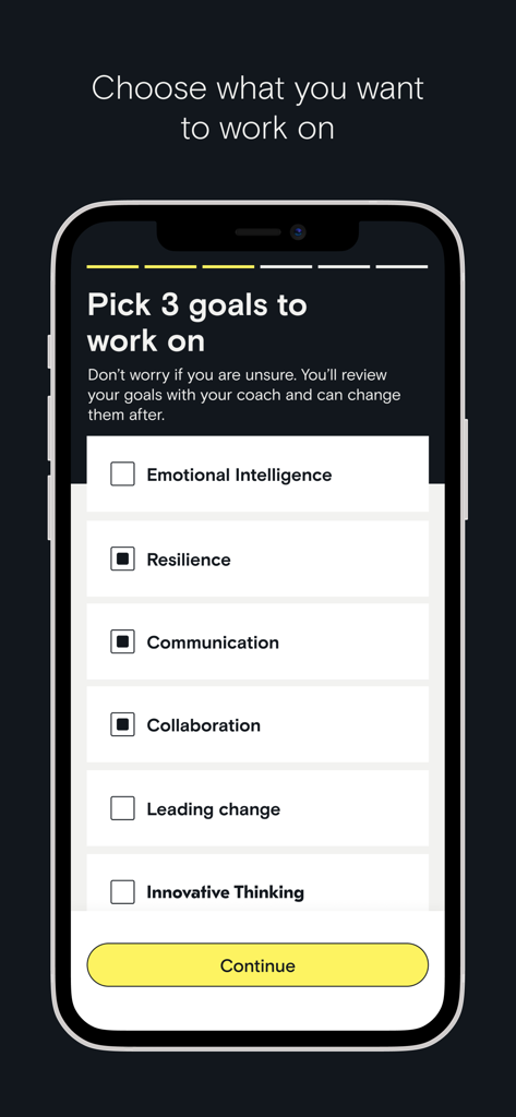 EZRA Сoaching - EZRA Coaching app interface for picking professional growth goals like communication and resilience