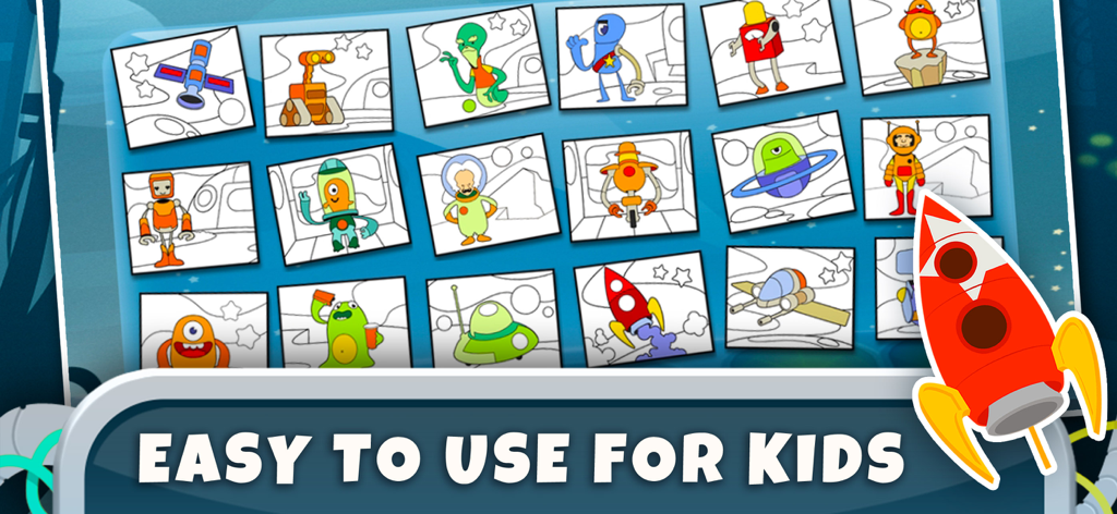 Space: Learning Kids Games 2+ - A selection of space themed coloring pages for toddlers featuring robots and aliens