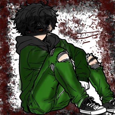 a male hoddie ripped jeans messy hair anime