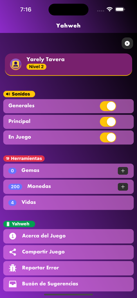 Juego Bíblico Yahweh - Menu de ajustes y perfil de usuario de la aplicacion de trivias Juego Biblico Yahweh
