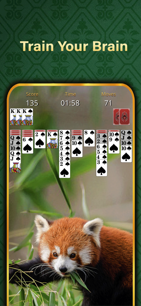 Solitaire Relax®Classic Spider - Classic Spider Solitaire gameplay with a red panda background and Train Your Brain headline