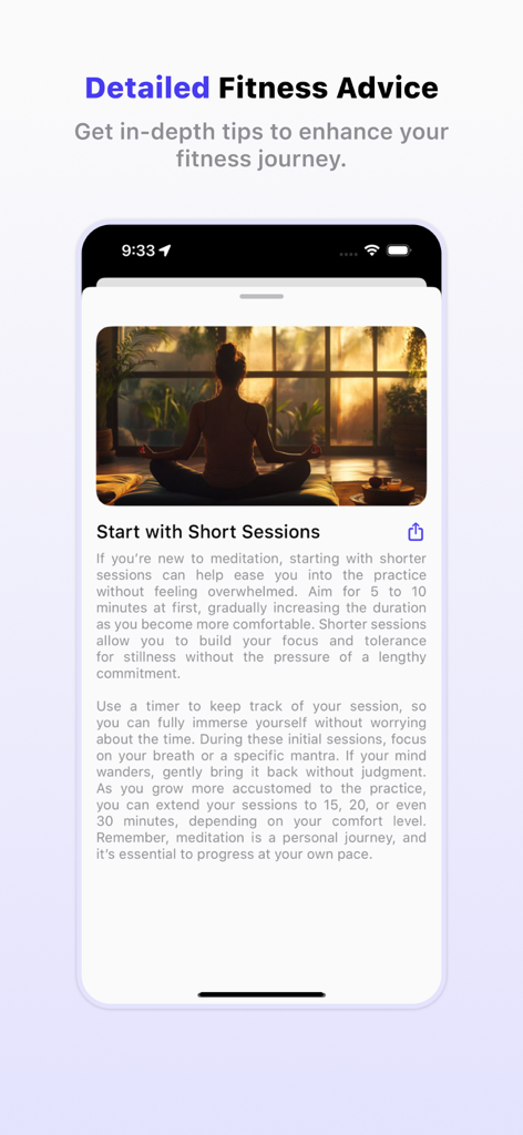 Step Tracker - Walk Watch - Una pantalla móvil que muestra consejos detallados de fitness y meditación dentro de la aplicación Step Tracker.
