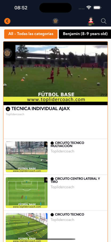 Toplidercoach app interface featuring a library of youth soccer training drills and videos