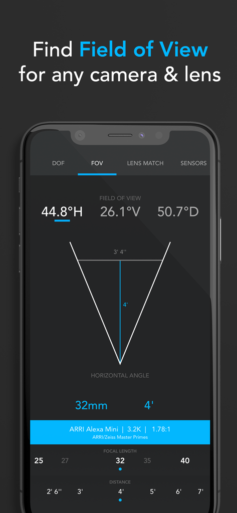 f8 Lens Toolkit - f8レンズツールキットアプリのインターフェース。ARRI Alexa Miniカメラの視野計算を表示しています。