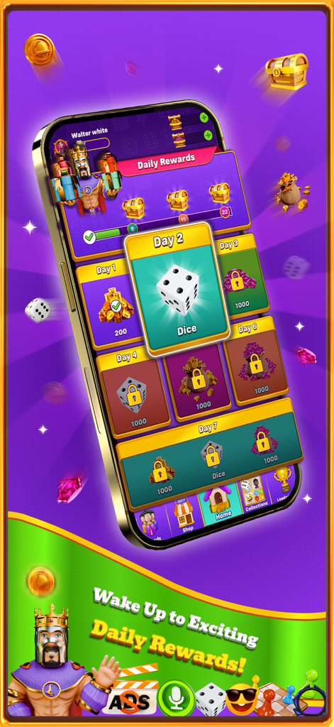 Daily rewards screen in Snakes and Ladders Chief mobile app showing daily prizes and dice skins.