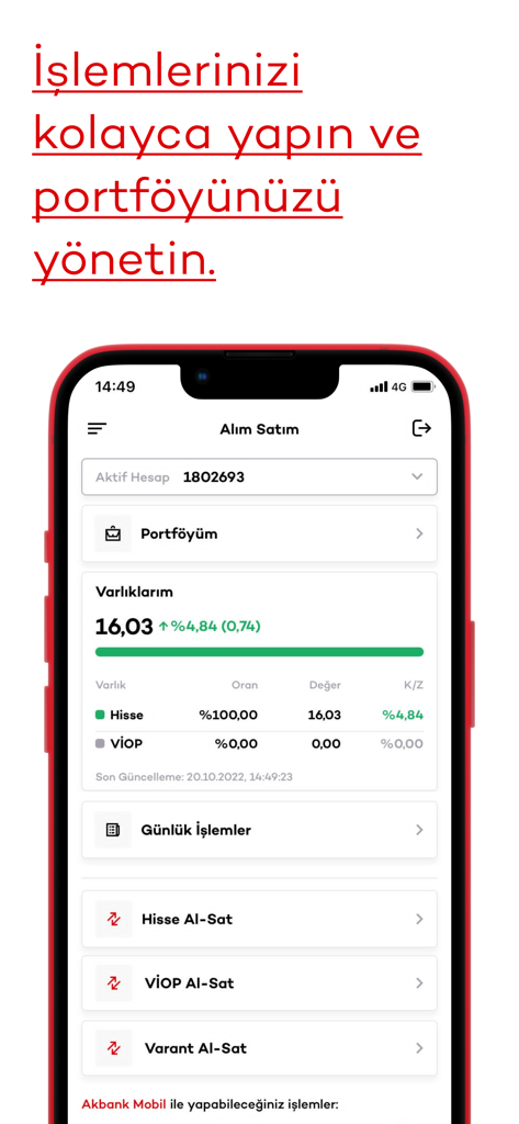 Yatırımcı - Interface of the Akbank Yatirimci app showing portfolio management and stock trading options