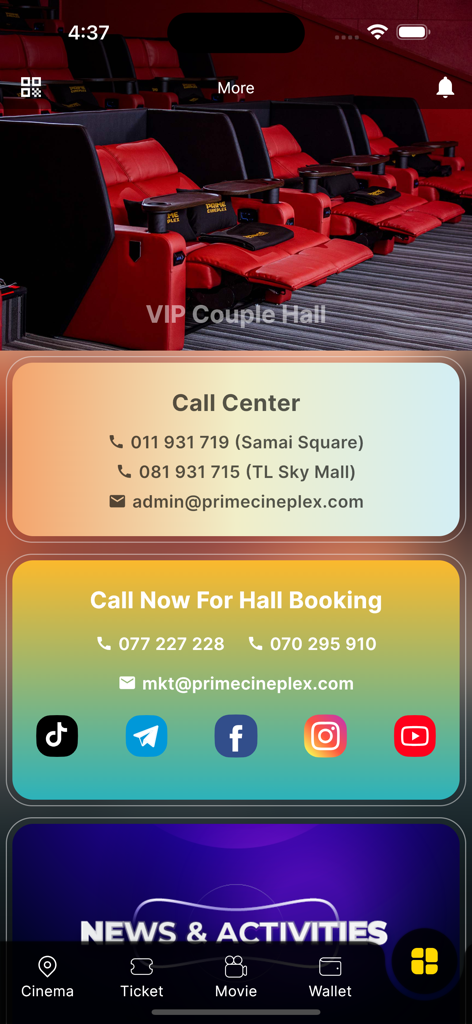 Prime Cineplex app interface showing VIP Couple Hall seating and theater contact information