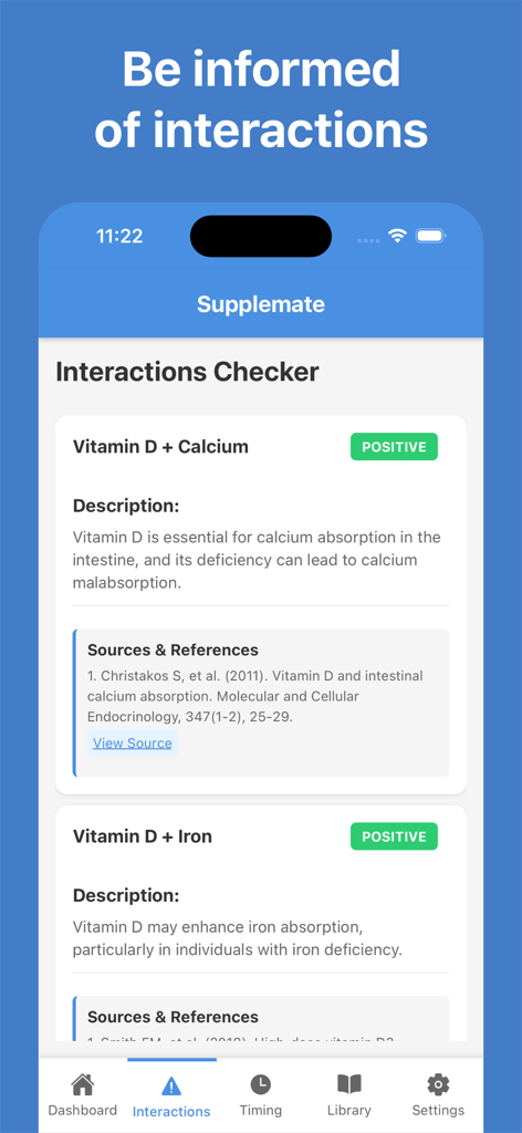 Supplemate: Supplement Tracker - Supplemate app interactions checker screen displaying scientific descriptions and references for supplement combinations.