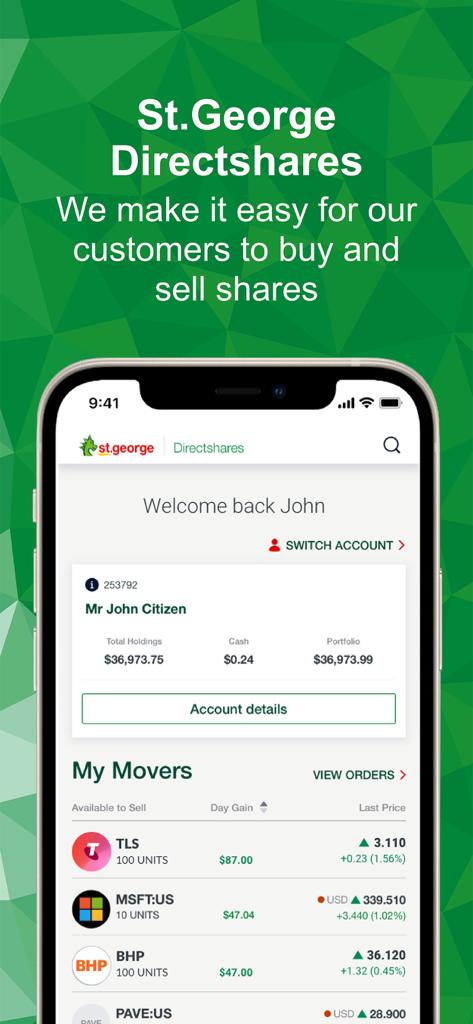 St.George Directshares mobile app interface showing a user portfolio and a list of stock market movers.