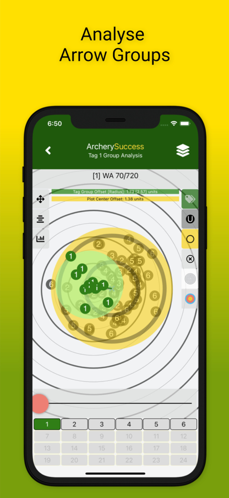 ArcherySuccess - Score & Plot - Interface do aplicativo ArcherySuccess exibindo análise de grupo de flechas em um alvo