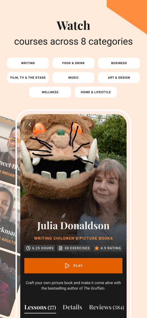 BBC Maestro: Online Courses - BBC Maestro app interface showcasing various course categories and a children's book writing course by Julia Donaldson.