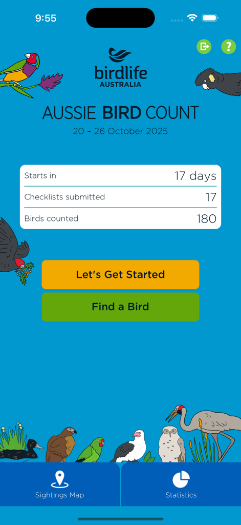 Schermata principale dell'app Aussie Bird Count con statistiche e strumenti di identificazione degli uccelli