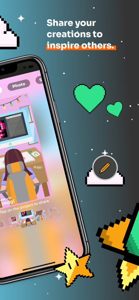 Interface of the imagi app showing how to share pixel art coding projects to inspire others in the community