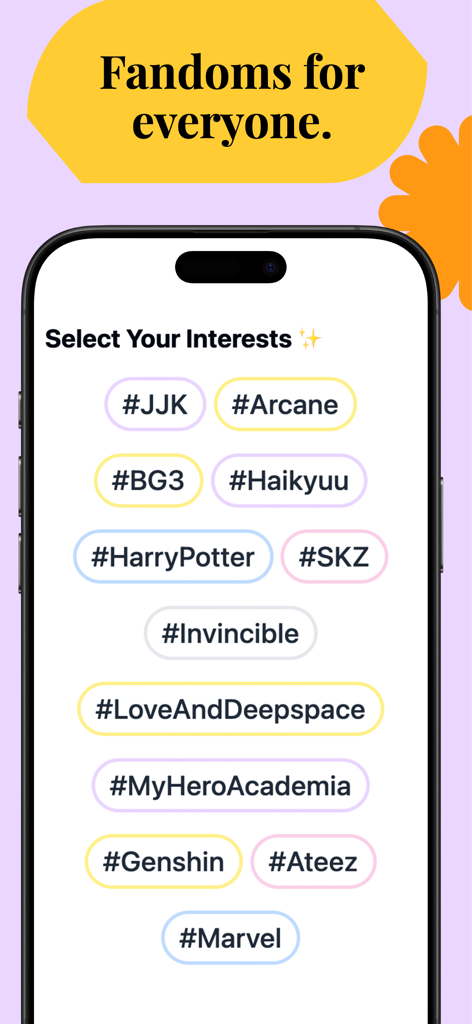 Glimmer: Interactive Fanfics - Ein Smartphone-Display, das eine Vielzahl von Fandom-Hashtags wie Marvel, Genshin und Harry Potter zeigt, aus denen die Benutzer ihre Interessen in der Glimmer-App auswählen können.