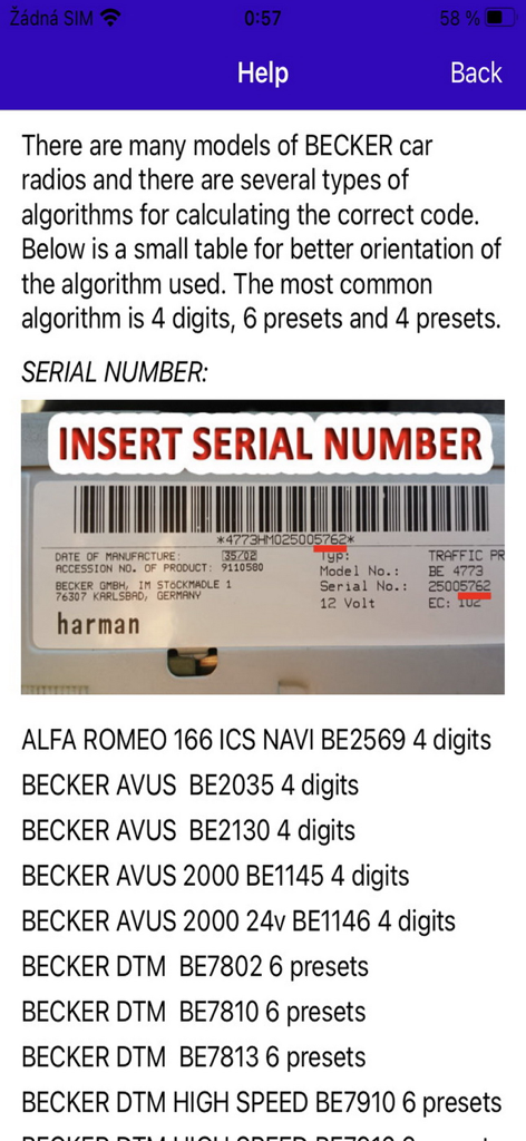 Instructional guide for locating the serial number on a Becker radio unit label for code calculation