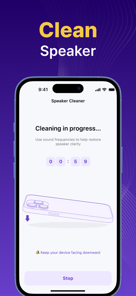 Interface do aplicativo AI Defender mostrando o processo de limpeza de alto-falantes usando frequências sonoras com um cronômetro