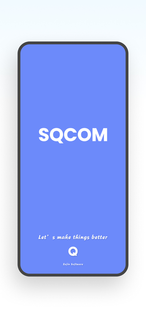 SQCOM mobile security app splash screen featuring the brand name and slogan on a blue background