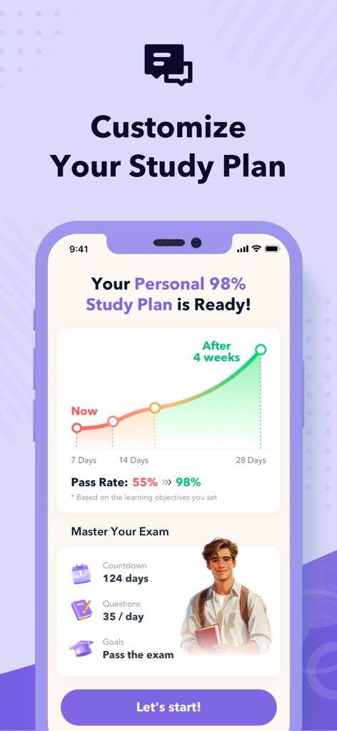 Uno schermo mobile che mostra un piano di studio personalizzato per il GED con un grafico di avanzamento del tasso di superamento e obiettivi giornalieri.