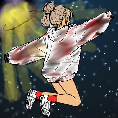 realistic girl jumping with a bun and oversized sweatshirt