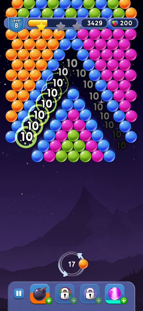 Bubble Pop Shooter Puzzle Game - Gameplay screen of Bubble Pop Shooter Puzzle Game showing colorful bubbles and a trajectory line against a mountain background