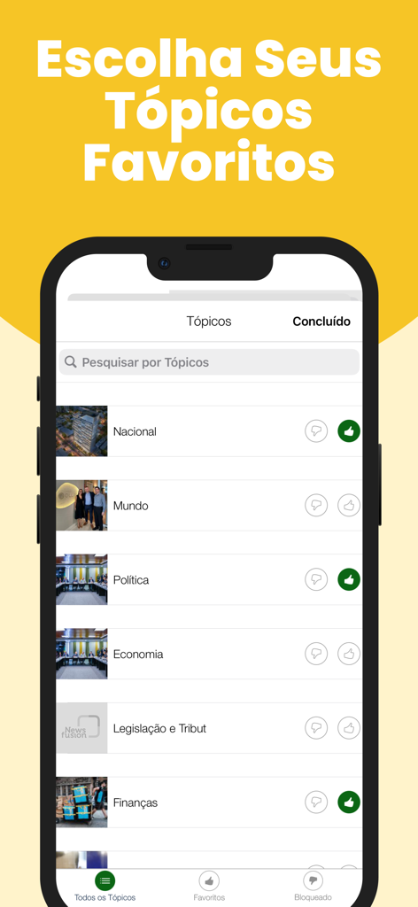 Brazil News Stay Informed - A mobile interface for the Brazil News app showing a list of news categories like National and Politics with options to select them as favorites