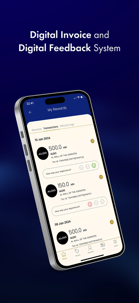 Club Apparel app digital invoice and customer feedback screen