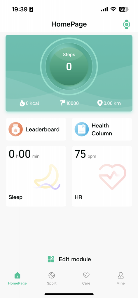 SmartHealth mobile App Dashboard zeigt Schritte, Schlaf und Herzfrequenz an
