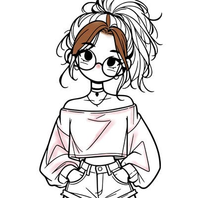 girl with a messy ponytail glasses a baggy crop top and jean shorts