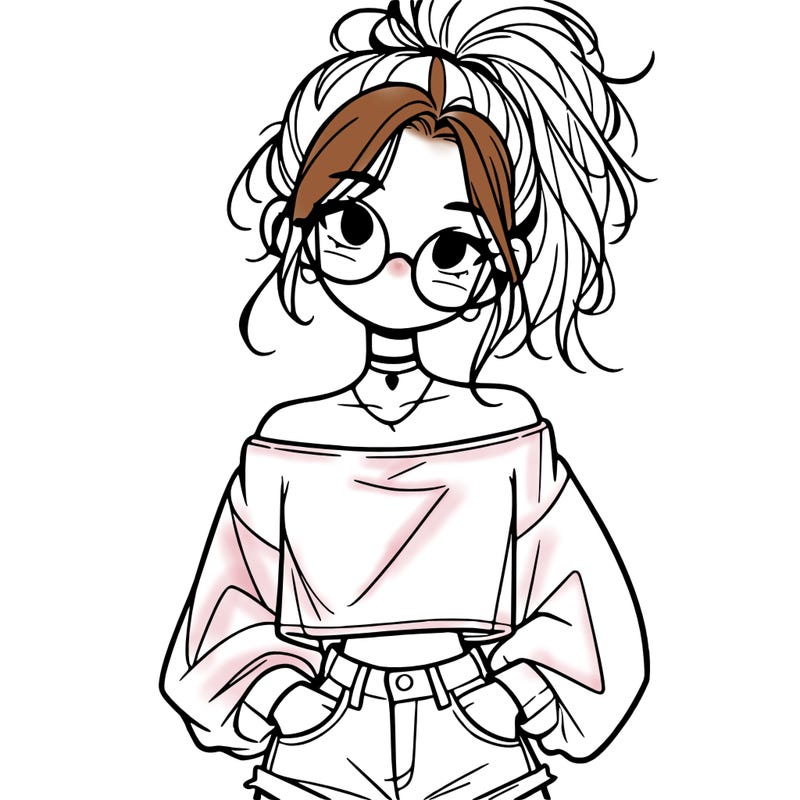 girl with a messy ponytail glasses a baggy crop top and jean shorts