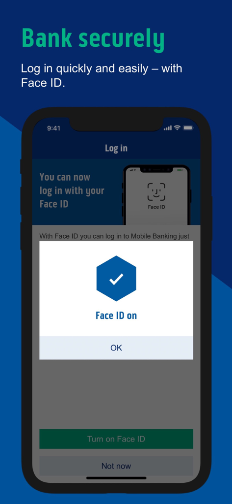 Tela de smartphone mostrando o aplicativo Bank of Scotland Business com confirmação de login seguro por Face ID