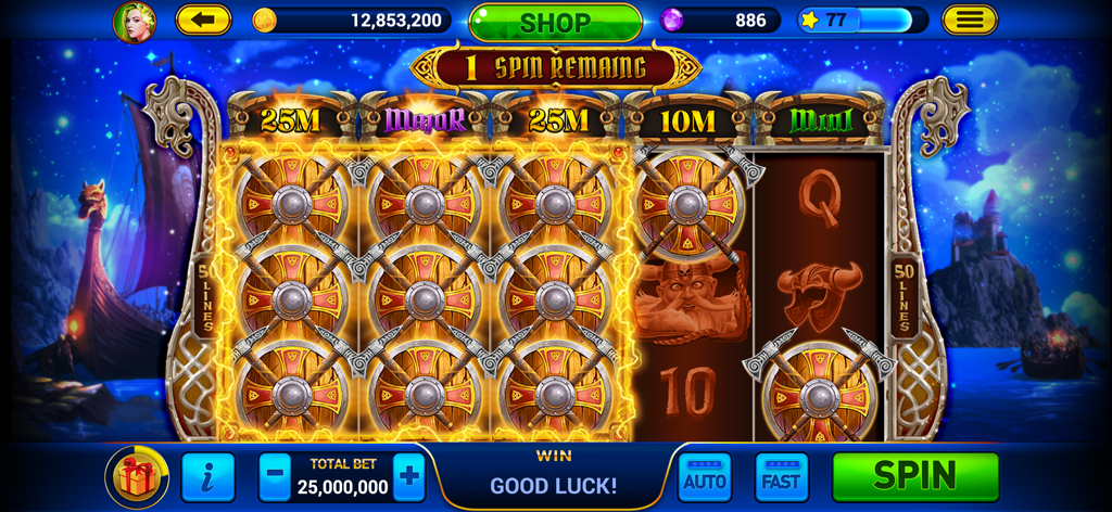 A Viking-themed slot machine in Golden City Casino showing shields and axes on the reels