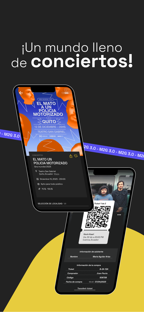 meet2go - Mobile app interface of meet2go showing a concert event in Ecuador and a digital ticket with a QR code.