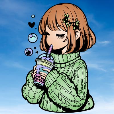 manga girl drinking boba in cozy sweater