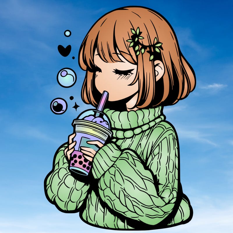 manga girl drinking boba in cozy sweater