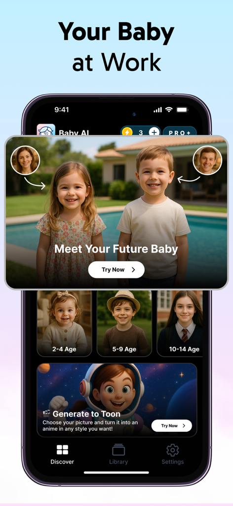 Screenshot of the See Your Future Baby app interface showing AI baby generation for different ages