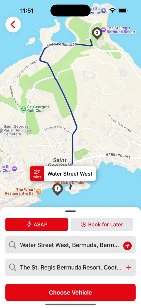 Ride.bm - Ride.bm app interface showing a taxi route from Water Street West to St. Regis Bermuda Resort with booking options