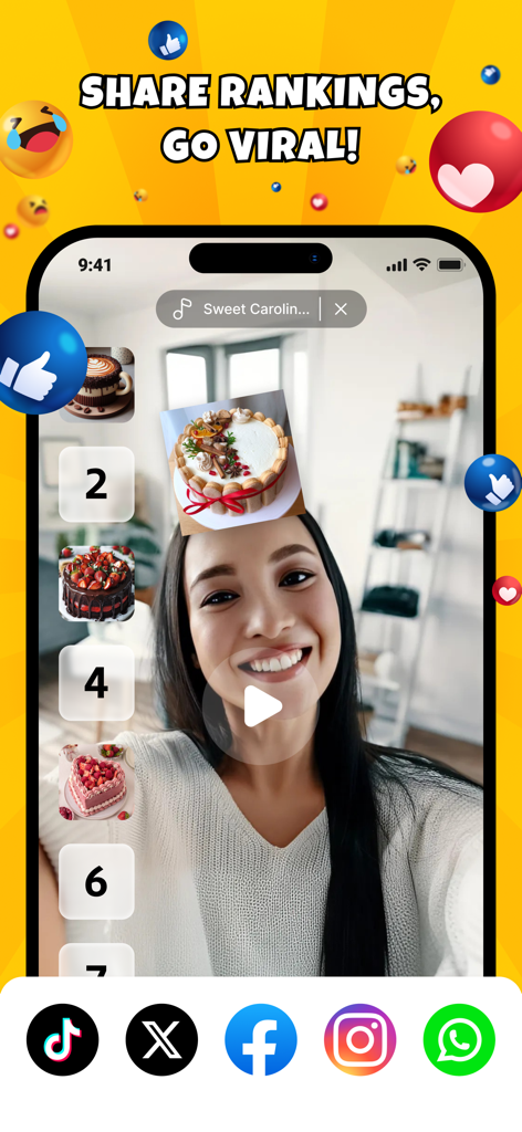 Food Challenge: Funny Filter - A young woman using an AR filter to rank cakes for a social media video challenge