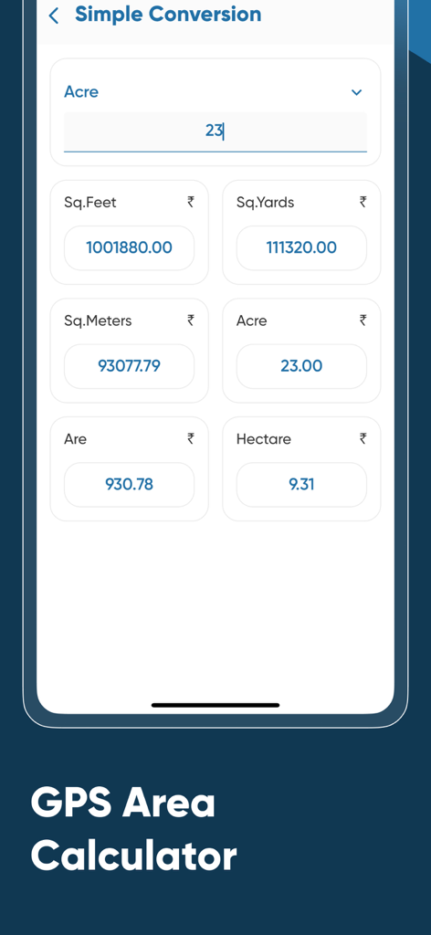 Land Area Calculators - Die Benutzeroberfläche der Flächenrechner-App zeigt die Ergebnisse der Flächenumrechnung von 23 Acres in Quadratfuß, Yards und Hektar.