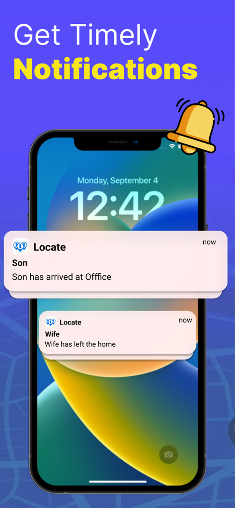 Phone Location Tracker - 家族の到着と出発の通知を表示するスマートフォン画面