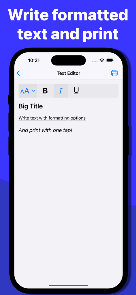 Printer Pro: Scan & Print - Una pantalla de iPhone que muestra la función de editor de texto para impresión móvil con opciones de formato de texto
