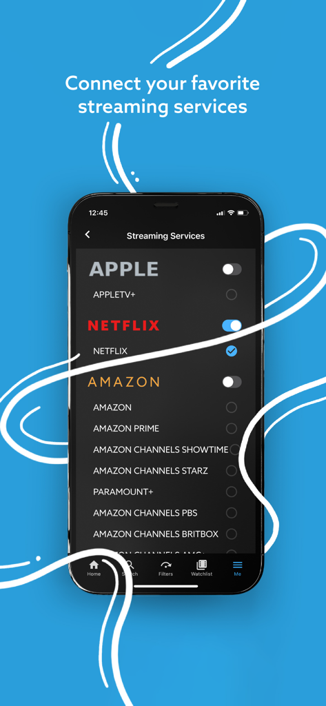 VidAngel - A mobile screen from the VidAngel app showing options to connect various streaming services like Apple TV, Netflix, and Amazon Prime Video.