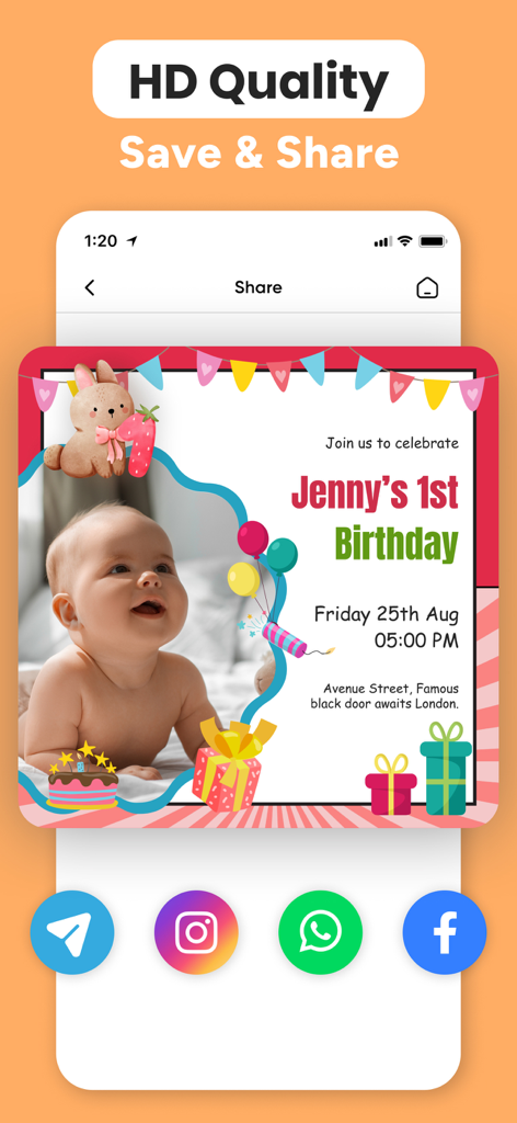 Birthday Invitation Maker ° - A personalized first birthday invitation with a baby photo and social media sharing icons inside the app.
