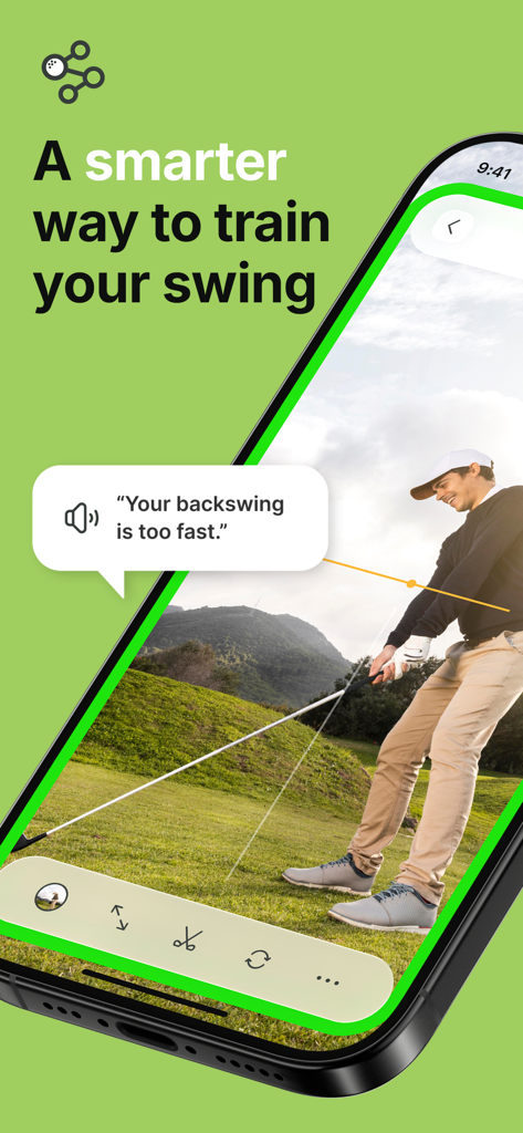 iPhone displaying the Swing TuneUp app with a golfer receiving AI voice feedback on their backswing