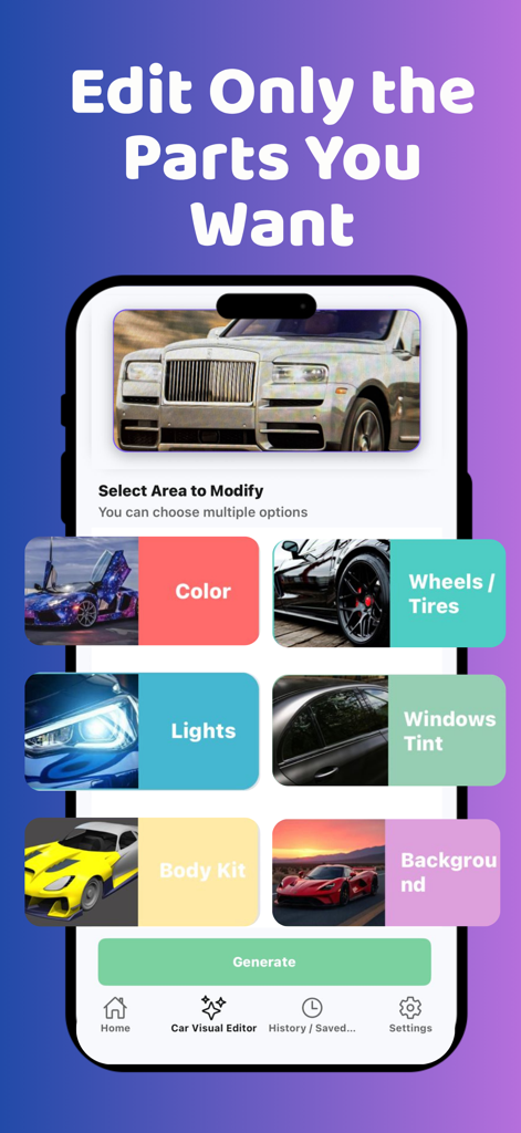 Modify - AI Car Mods & Theme - A screenshot of the Modify app showing selectable car modification areas like color wheels lights and background