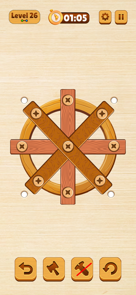 Wood Nuts & Bolt: Screw Puzzle - Un nivel de juego de rompecabezas mecánico de madera con tablones de madera asegurados por tornillos y pernos de metal sobre un fondo de madera clara.