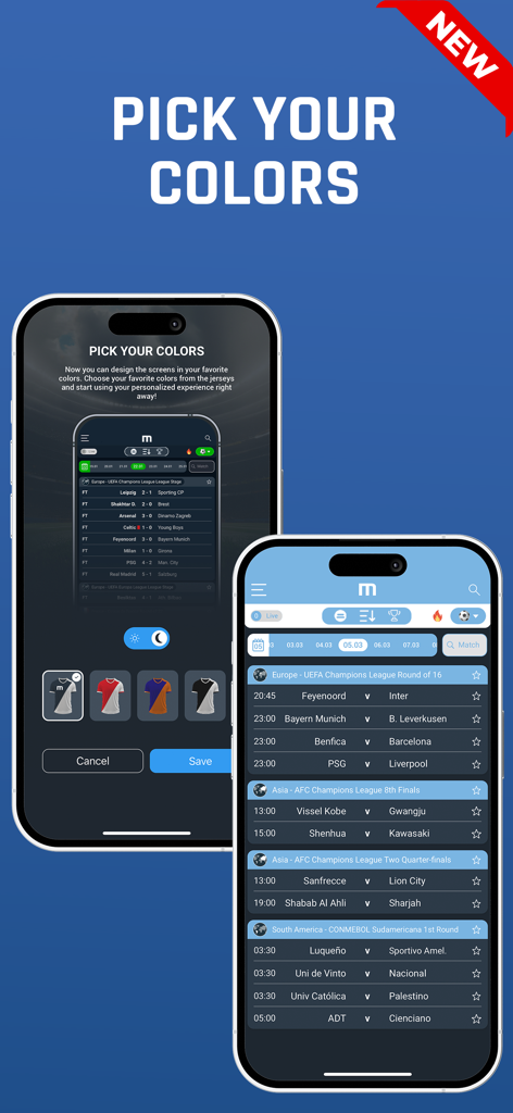 Die Funktion der M Scores App zur Anpassung des Benutzeroberflächenthemas mit den Trikotfarben des Lieblingsteams