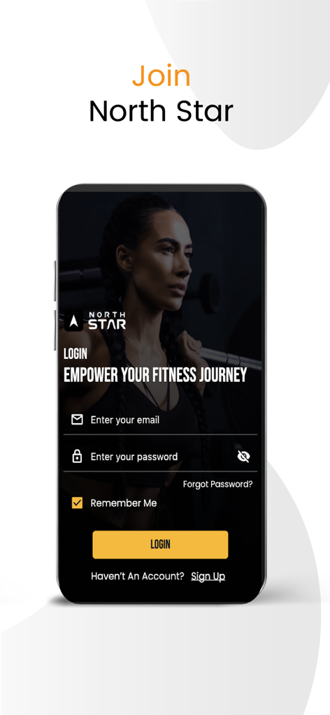 North Star Fitness - Login screen of the North Star Fitness app with a woman athlete in the background