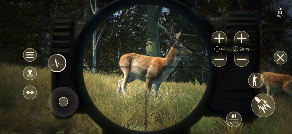 First person rifle scope view of a deer in the European wilderness within the Way of the Hunter Wild Europe mobile game