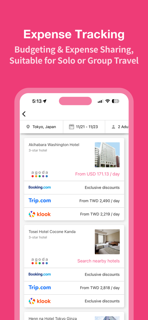Funliday - Travel Planner - Funliday app interface showing expense tracking and hotel price comparison for a trip to Tokyo.