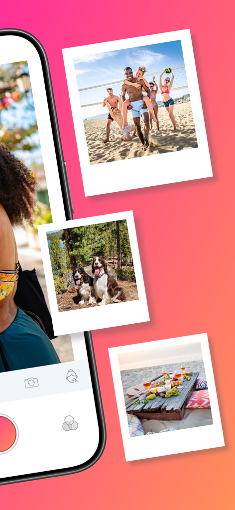 Photo Editor - Mobile phone showing the Photo Editor app interface with polaroid style lifestyle photos on a pink gradient background